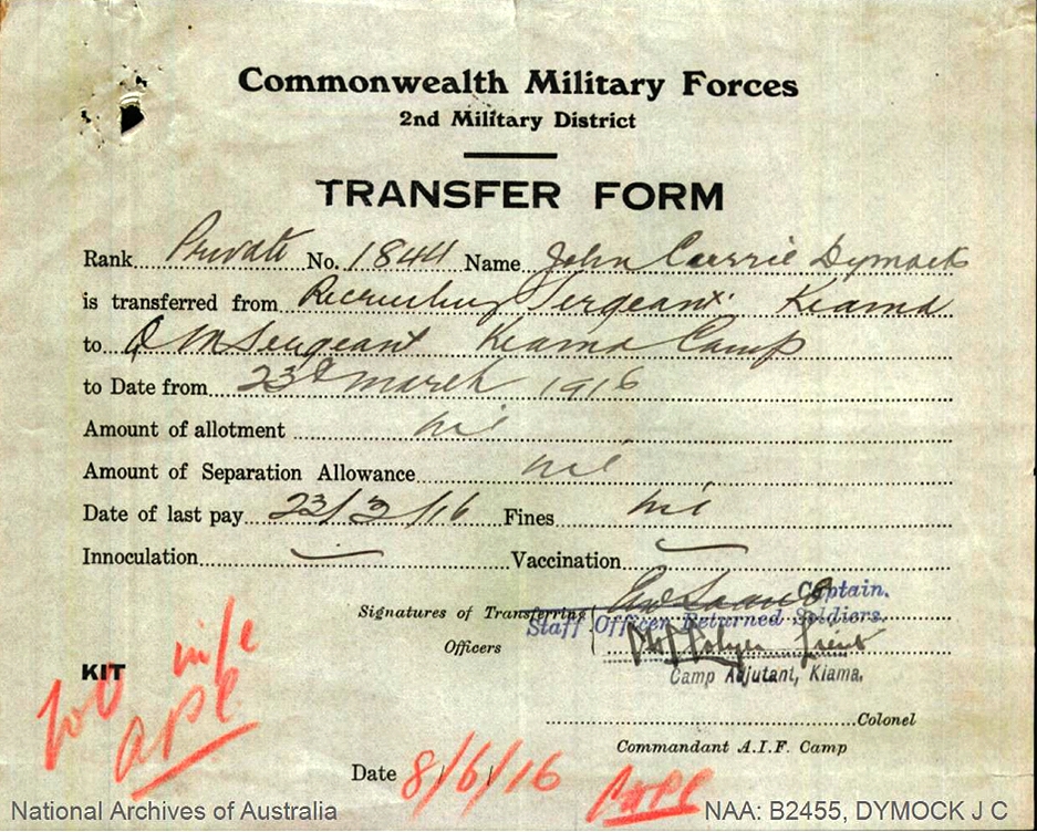 Transfers to Quartermaster Sergeant Kiama Camp